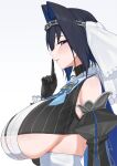  1girl black_hair black_sleeves blue_eyes blue_gemstone blue_hair blue_ribbon breasts chain chain_headband clothing_cutout detached_sleeves from_side gem gloves highres hololive hololive_english huge_breasts index_finger_raised ouro_kronii ouro_kronii_(1st_costume) raeis ribbon shirt simple_background solo underboob underboob_cutout veil virtual_youtuber white_background white_shirt 