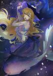  1girl :d absurdres arm_up blonde_hair blue_background blue_eyes blue_skirt blue_tube_top blue_veil breasts calamity_brezze floating_hair from_side full_body hands_up highres long_hair looking_at_viewer medium_breasts mermaid midriff monster_girl official_alternate_costume open_mouth reverse:1999 scales skirt smile solo strapless tube_top veil very_long_hair vila_(reverse:1999) 