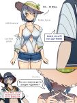  abs absurdres anby_demara bikini_jeans blush burnice_white choker denim dorahdew dragging hat highres jeans lowleg lowleg_pants pants sun_hat swimsuit white_hair wise_(zenless_zone_zero) zenless_zone_zero 