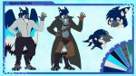absurd_res anthro avian bird blue_body blue_feathers blue_jay chaps clothed clothing coat corvid eyewear feathers feet fingerless_gloves furgonomics gesture glasses gloves goggles goggles_around_neck gryphon hair hand_gesture handwear hi_res highlights_(coloring) jay_(bird) looking_at_viewer male model_sheet mythological_avian mythological_creature mythology new_world_jay oscine passerine ponytail short_hair solo tail tail_feathers talons thumbs_up toes topwear trenchcoat wings yarem4