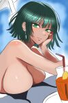  1girl bikini blunt_bangs blunt_ends bob_cut breasts fubuki_(one-punch_man) green_eyes green_hair highres large_breasts lips one-punch_man open_clothes short_hair smile solo swimsuit tan untied_bikini windriftdraws 