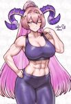  1girl ;) abs artist_name blush breasts bright_pupils brown_eyes circlet cleavage colored_inner_hair commentary commission cowboy_shot curled_horns english_commentary fire_emblem fire_emblem_heroes goat_horns gold_circlet hair_between_eyes hand_on_own_hip hand_up high_ponytail highres horns ko-fi_commission large_breasts long_hair looking_at_viewer multicolored_eyes multicolored_hair muscular muscular_female navel nerthuz_(fire_emblem) one_eye_closed pants pink_hair ponytail purple_eyes purple_hair purple_horns purple_pants purple_sports_bra rotomdocs smile solo sports_bra standing thick_thighs thighs two-tone_eyes two-tone_hair very_long_hair white_pupils yoga_pants 