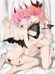  2girls :o acminaasonde ass bad_link bare_shoulders barefoot bat_wings bed_sheet black_bow black_choker black_panties blush bow breasts butt_crack chaos;child chaos;head check_clothing choker cleavage_cutout clothing_cutout clothing_request covered_collarbone cross cross_(weapon) demon_girl demon_horns demon_tail demon_wings dimples_of_venus fingernails from_behind glowing glowing_eyes grin groin hair_bow halterneck holding holding_cross holding_hands horns in-franchise_crossover kneeling long_hair looking_at_viewer looking_back median_furrow multiple_girls navel on_bed one_side_up onoe_serika panties parted_lips pink_hair purple_eyes red_horns sakihata_rimi science_adventure short_hair_with_long_locks shoulder_blades side-tie_panties slit_pupils small_breasts smile soles stomach tail toes underwear wings 