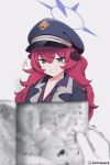  1girl artist_name blue_archive blue_eyes blurry blurry_foreground blush hair_between_eyes halo hat highres iroha_(blue_archive) manga_(object) military_hat naughty_face pov reading red_hair simple_background sirlequackk solo_focus sparkle white_background 