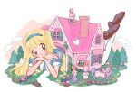  2boys 3girls alice&#039;s_adventures_in_wonderland alice_(alice_in_wonderland) awning black_eyes blonde_hair blue_dress blue_hairband blue_shirt blue_shorts brown_shoes bug butterfly child chimney closed_mouth cloud comcomblue commentary crossed_wrists dress english_commentary feet_up flower flower_pot flying furry giant giantess grass guitar hairband head_rest head_tilt holding holding_guitar holding_instrument house instrument long_hair looking_at_another lying multiple_boys multiple_girls on_roof on_stomach orange_flower outdoors overalls path pink_flower pink_sky plant potted_plant puffy_short_sleeves puffy_sleeves purple_flower rabbit_boy rabbit_girl red_flower shirt shoes short_sleeves shorts sky sleeve_cuffs the_pose thighhighs tree two_side_up wheelbarrow white_butterfly white_overalls white_thighhighs window window_shutter yellow_flower 