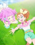  2girls :d aqua_shorts arms_up bare_arms blue_eyes blush bow brown_hair crossed_arms day eye_contact from_above green_eyes hair_bow hair_intakes head_rest kakiuchi_itsuki laura_la_mer lens_flare looking_at_another mermaid midriff monster_girl multiple_girls natsuumi_manatsu outdoors outstretched_hand pink_hair precure shirt shorts side_ponytail smile tropical-rouge!_precure twitter_username white_shirt yellow_bow 