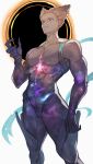  1boy abs awakened_garou_(cosmic_fear_mode) bare_shoulders black_hole blonde_hair closed_mouth commentary feet_out_of_frame frown galaxy garou_(one-punch_man) hair_horns hand_up highres jeon_yong_ileum looking_at_viewer looking_down male_focus muscular muscular_male nebula one-punch_man pectorals pointy_hair red_eyes short_hair slit_pupils solo spiked_hair standing star_(sky) starry_skin tendril white_background 