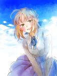  1girl ahoge artoria_pendragon_(fate) blonde_hair blue_background blue_skirt braid cloud commentary_request fate/stay_night fate_(series) green_eyes kkk_irino long_sleeves open_mouth pleated_skirt saber_(fate) shirt skirt smile solo white_shirt 