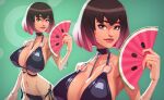  1girl bikini black_bikini bob_cut bracelet breasts brown_hair choker cleavage david_goujard folding_fan gradient_hair green_background green_eyes hand_fan harness holding holding_fan jewelry large_breasts light_smile lips looking_at_viewer multicolored_hair multiple_views navel nose o-ring o-ring_bikini o-ring_choker o-ring_harness pink_hair short_hair side-tie_bikini_bottom silver_bracelet solo swimsuit zoom_layer 