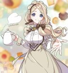  1girl absurdres apron blonde_hair blue_eyes bolo_tie bow breasts brown_apron closed_mouth cookie dress fire_emblem fire_emblem:_three_houses fire_emblem_heroes food frills hair_bow highres holding holding_teapot katsura_ichiho lapels long_hair long_sleeves looking_at_viewer maid maid_headdress mercedes_von_martritz mercedes_von_martritz_(tea_party) offering_hand official_alternate_costume open_hand puffy_sleeves reaching reaching_towards_viewer shawl_lapels side_ponytail smile solo steam teapot twitter_username 
