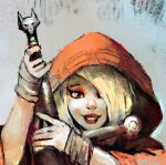  1girl bag blonde_hair blush cloak frankvictoria gradient_background greatsword grey_background hair_over_one_eye holding holding_sword holding_weapon hood hooded_cloak lipstick little_red_riding_hood_(fairy_tale) long_sword looking_at_viewer makeup medieval moss painting_(medium) red_cloak red_hood red_lips smile sword sword_in_front_of_face traditional_media watercolor_(medium) weapon wide_sleeves wristband 