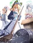  4girls :d ^_^ accident animal_ear_headphones animal_ears apron aqua_bow aqua_bowtie aqua_halo aris_(blue_archive) aris_(maid)_(blue_archive) black_dress black_hair black_wrist_cuffs blonde_hair blue_archive blunt_bangs blush bow bowtie box bucket cardboard_box cat_ear_headphones cat_tail chanpower233 character_name chips_(food) clenched_hand closed_eyes commentary dress eating facing_viewer fake_animal_ears fake_tail feet_out_of_frame food food_on_face frilled_apron frills game_development_department_(blue_archive) green_eyes green_halo hair_bow halo hand_up headphones hiding highres holding holding_food holding_mop in_box in_container long_sleeves looking_down low_ponytail maid maid_headdress medium_hair midori_(blue_archive) midori_(maid)_(blue_archive) momoi_(blue_archive) momoi_(maid)_(blue_archive) mop multiple_girls official_alternate_costume official_alternate_hairstyle open_mouth orange_halo pink_halo ponytail potato_chips profile puffy_long_sleeves puffy_sleeves rectangular_halo red_bow red_hair side_ponytail sidelocks simple_background smile standing tail teeth upper_teeth_only v water white_apron white_background wrist_cuffs yuzu_(blue_archive) yuzu_(maid)_(blue_archive) 