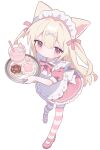  1girl :&lt; animal_ears apron blonde_hair cat_ears center-flap_bangs cookie donut dress drink food foreshortening frilled_apron frilled_dress frills from_above full_body hair_ornament highres holding holding_tray looking_at_viewer maid maid_apron maid_headdress no_nose nororofolio original pink_dress pink_eyes solo striped_clothes striped_thighhighs thighhighs tray waitress white_apron white_background x_hair_ornament 