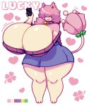 absurd_res bell bell_collar big_breasts bottomwear breasts cellphone cleavage clothed clothing clover_(plant) clover_leaf collar color_swatch cute_fangs dewbber ear_piercing electronics eyes_closed fangs female flower_tail fur generation_3_pokemon hair heart_symbol hi_res huge_breasts huge_thighs hyper hyper_breasts hyper_thighs leaf messy_hair motion_lines nintendo phone piercing pink_body pink_fur pink_hair plant pokemon pokemon_(species) simple_background skirt skitty smartphone smile solo sweater teeth text thick_thighs topwear