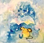  blue_background closed_mouth dedenne holding holding_umbrella looking_up no_humans non_(kumakawayusu) painting_(medium) pokemon pokemon_(creature) rain simple_background solo traditional_media umbrella watercolor_(medium) 