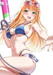  1girl :d bare_arms bikini blonde_hair blue_bikini blunt_bangs blush breasts cleavage commentary_request eyewear_on_head floating_hair flower gakuen_idolmaster green_eyes hair_flower hair_ornament hairclip hibiscus highres holding holding_water_gun idolmaster long_hair medium_breasts mole mole_under_eye multi-strapped_bikini_bottom navel outstretched_hand pink-tinted_eyewear red_flower shiun_sumika side-tie_bikini_bottom sideboob simple_background smile solo strap_gap sunglasses swimsuit tinted_eyewear underboob user_rdnh4377 water_gun white-framed_eyewear white_background 