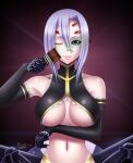  1girl absurdres arachne arm_under_breasts arthropod_girl artist_name black_shirt black_sleeves blacksaikou breasts closed_mouth commentary crop_top detached_sleeves english_commentary extra_eyes gold_trim hair_between_eyes highres holding holding_paintbrush large_breasts lips long_bangs looking_at_viewer monster_girl monster_musume_no_iru_nichijou navel one_eye_closed paintbrush purple_background purple_hair rachnera_arachnera red_eyes shirt short_hair sleeveless sleeveless_shirt smile solo spider_girl taur underboob upper_body variant_set 