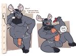 abdominal_bulge anthro antlers balls beard belly big_belly big_penis black_body black_fur blue_eyes bodily_fluids bones_in_stomach deer digestion dripping erection eyewear facial_hair fatal_vore fur genital_fluids genitals glasses hooves horn huge_penis male male_pred mammal masturbation mature_male moose muscular muscular_male new_world_deer open_mouth penis precum precum_drip saliva same_size_vore struggling struggling_prey tanio vein veiny_penis vore