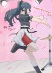  1girl absurdres black_hair blush bow commentary_request commission confetti cymbals grey_shirt hair_bow happy_birthday highres instrument long_hair love_live! love_live!_nijigasaki_high_school_idol_club nanami_(nunnun_0410) open_mouth ponytail red_shorts shirt shorts sidelocks solo standing standing_on_one_leg translated yuki_setsuna 
