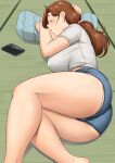  1girl arm_pillow ass ass_focus bangs blue_shorts blush breasts brown_hair cellphone commentary_request covered_nipples feet_out_of_frame fetal_position highres large_breasts long_hair lying mature_female nemui333 on_floor on_side original panties panty_peek phone pillow ponytail shirt short_shorts short_sleeves shorts sleeping smartphone solo t-shirt tatami taut_clothes taut_shirt thick_thighs thighs underwear white_panties white_shirt 