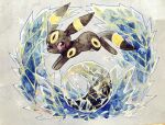  crescent_moon crystal full_body grey_background looking_at_viewer moon no_humans non_(kumakawayusu) painting_(medium) pokemon pokemon_(creature) red_eyes solo traditional_media umbreon watercolor_(medium) 