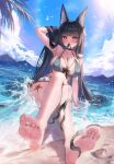  1girl absurdres alternate_costume animal_ear_fluff animal_ears arm_behind_head bare_arms bare_shoulders barefoot beach bikini black_hair blunt_bangs blush breasts cleavage crossed_legs feet foot_focus fox_ears fox_girl green_bikini highres hoshimi_miyabi large_breasts long_hair looking_at_viewer mountainous_horizon ocean seaweed soles solo starlip swimsuit zenless_zone_zero 