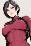  1girl ada_wong black_hair breasts brown_eyes chest_harness closed_mouth dress eyeshadow from_below harness highres jaydamon light_smile looking_at_viewer makeup medium_breasts parted_bangs pink_eyeshadow red_dress resident_evil resident_evil_4 short_hair solo sweater swept_bangs turtleneck turtleneck_dress turtleneck_sweater 
