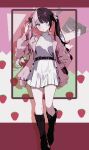  1girl :o absurdres apollo_chocolate bag belt black_belt blue_eyes blush boots bow breasts brown_boots brown_bow brown_hair candy colorful_background commentary fold-over_boots food food-themed_hair_ornament full_body hair_bow hair_ornament hand_in_pocket hand_up handbag head_tilt highres holding holding_candy holding_food iris_black_games jacket knee_boots kurony_(sirony) lace-up_boots lapels long_hair long_sleeves looking_at_viewer medium_breasts meiji_(brand) miniskirt multicolored_hair notched_lapels open_clothes open_jacket parted_lips pink_background pink_bag pink_bow pink_hair pink_jacket pleated_skirt raised_eyebrows red_background ribbed_sweater shadow shoulder_bag skirt solo split-color_hair standing standing_on_one_leg strawberry_background strawberry_hair_ornament sweater sweater_tucked_in tachibana_hinano turtleneck turtleneck_sweater twintails two-tone_hair virtual_youtuber vspo! white_background white_skirt white_sweater zoom_layer 