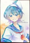  1girl 2zuz4hru anchor_symbol artist_name bangs blue_eyes blue_hair hat murasa_minamitsu neckerchief painting_(medium) portrait red_neckerchief sailor_hat school_uniform serafuku short_hair simple_background smile solo touhou traditional_media twitter_username watercolor_(medium) wide_sleeves 