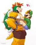2025 absurd_res anthro armband beard belly biceps big_bulge big_muscles bowser bowser_day bracelet bulge claws clothed clothing collar draftgon duo eye_contact eyebrows facial_hair footwear gloves hair handwear hat headgear headwear heart_symbol hi_res horn hug human human_on_anthro interspecies jewelry koopa larger_anthro looking_at_another love luigi male male/male mammal mario_bros musclegut muscular muscular_anthro muscular_male mustache nintendo open_mouth open_smile pecs scalie shell shirt side_view simple_background size_difference smaller_human smile socks speech_bubble spiked_armband spiked_bracelet spiked_collar spiked_shell spiked_tail spikes spikes_(anatomy) standing stubble tail teeth thick_arms thick_thighs topless topless_anthro topless_male topwear underwear underwear_only watermark white_background
