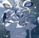  2girls ahoge air_bubble aquarium_wa_odoranai blue_eyes blue_hair boots bow bubble dress epaulettes hat highres jacket jacket_on_shoulders long_hair military_hat multiple_girls peaked_cap pleated_skirt puffy_short_sleeves puffy_sleeves red_eyes retro_(aquarium_wa_odoranai) sakizome short_hair short_sleeves skirt submerged suzu_(aquarium_wa_odoranai) tears underwater white_dress white_hair white_skirt 