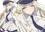  1girl absurdres aquarium_wa_odoranai collared_shirt epaulettes hat highres jacket jacket_on_shoulders koyashaka long_hair military_hat peaked_cap pleated_skirt red_eyes retro_(aquarium_wa_odoranai) shirt skirt smile solo white_hair white_skirt 