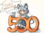  1girl ahoge alternate_eye_color animal_ear_fluff animal_ears bangs blush brown_footwear commentary_request eyebrows_visible_through_hair full_body grey_hair grey_skirt long_sleeves mame_komari milestone_celebration mouse mouse_ears mouse_girl mouse_tail nazrin open_mouth orange_eyes shirt shoes short_hair simple_background skirt solo sparkle tail thick_eyebrows touhou translation_request white_background white_shirt 