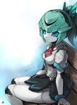  1girl black_skirt blue_eyes colored_skin green_hair highres humanoid_robot original ponytail robot robot_girl shirt short_hair skirt suzuta_comiya white_shirt white_skin 