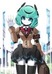  1girl black_skirt black_thighhighs blue_eyes breasts green_hair highres humanoid_robot looking_at_viewer medium_breasts original robot robot_girl salute school_uniform short_hair skirt suzuta_comiya thighhighs white_hair 