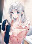  1girl aoi_yuki bangs bare_shoulders blue_eyes blush breasts cleavage closed_mouth collarbone hand_up holding holding_towel indoors long_hair looking_at_viewer original pajamas pink_pajamas sink solo standing towel white_hair zipper 