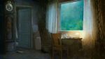  candle chair clock commentary curtains desk english_commentary grandfather_clock highres indoors no_humans open_door original plant potted_plant water_drop water_on_glass window wooden_chair zaq_(pgvc4472) 