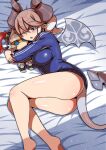  1girl alternate_costume ass bed demon_girl demon_tail demon_wings diti_(selecta) duel_monster full_body grey_eyes jacket knight_(yu-gi-oh!) labrynth_of_the_silver_castle lying object_hug on_bed one_eye_closed pointy_ears shade solo stuffed_toy tail track_jacket white_hair wings yu-gi-oh! zipper 