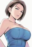  1girl bare_shoulders blue_eyes blue_shirt breasts brown_hair cleavage collarbone highres jaydamon jill_valentine large_breasts looking_at_viewer parted_bangs parted_lips resident_evil resident_evil_3:_nemesis shirt short_hair sideboob solo strapless swept_bangs tube_top upper_body white_background 
