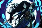  armor armored_dress axasempai bare_shoulders black_armor black_hair blue_dress blue_eyes blue_fire breastplate castlevania:_order_of_ecclesia castlevania_(series) dress elbow_gloves feather-trimmed_sleeves feather_trim fingerless_gloves fire full_moon gloves glowing glowing_eyes hair_over_shoulder highres holding holding_polearm holding_weapon long_dress long_hair moon night night_sky polearm shanoa_(castlevania) shoulder_tattoo side_slit sidelocks sky spear tattoo thighhighs very_long_hair weapon 