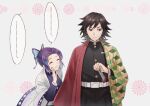  ... 1boy 1girl anger_vein belt belt_buckle black_hair black_jacket buckle butterfly_hair_ornament buttons closed_eyes commentary_request hair_ornament haori jacket japanese_clothes katana kimetsu_no_yaiba kochou_shinobu long_hair multicolored_hair shioha short_hair sword tomioka_giyuu weapon white_background white_belt 