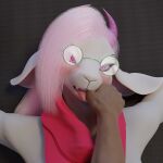  anthro blush bovid caprine deltarune duo eyewear female first_person_view glasses goat hi_res human looking_at_viewer male male/female mammal ralsei red_scarf scarf seductive semajsttseb2 teasing thumb_in_mouth tongue tongue_out undertale_(series) video_games 