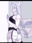  anthro black_bars blue_eyes blue_horn blue_nose canid canine canis clothing colored_sketch digital_drawing_(artwork) digital_media_(artwork) female hair hi_res horn legwear letterbox long_hair mammal multicolored_body multicolored_hair multicolored_tail reiko4835i signature sketch solo standing stockings underwear white_body wolf 