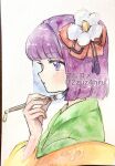  1girl 2zuz4hru artist_name bangs brush daisy flower green_kimono hair_flower hair_ornament hieda_no_akyuu japanese_clothes kimono painting_(medium) portrait profile purple_eyes purple_hair short_hair simple_background straight_hair tassel touhou traditional_media twitter_username watercolor_(medium) white_background 