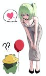  1girl ? ?? absurdres armpit_crease balloon bent_over black_bra black_shoes bra breasts chico_(yuzuha_riko) cleavage commentary_request covered_navel creature dress evening_gown full_body green_hair grey_dress hair_between_eyes hands_on_own_knees hat heart high_heels highres holding holding_balloon korean_commentary leaning_forward long_bangs long_dress long_hair looking_at_another medium_breasts mole mole_on_breast open_mouth pumps purple_eyes renibou shoes side_ponytail simple_background sleeveless sleeveless_dress smile speech_bubble spoken_heart standing stellive strap_slip taut_clothes taut_dress underwear virtual_youtuber white_background yellow_hat yuzuha_riko 