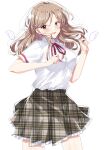  1girl absurdres angel_wings ashigaya_high_school_uniform blonde_hair blush breasts brown_eyes brown_skirt cartoon_wings collared_shirt cowboy_shot detached_wings dress_shirt facing_to_the_side floating_hair flower_hairclip hair_ornament hairclip highres jumping large_breasts long_hair looking_at_viewer mini_wings open_mouth ozawa_sayori plaid_clothes plaid_skirt red_ribbon ribbon school_uniform sena_ajisai shirt shirt_tucked_in short_sleeves simple_background skirt smile watashi_ga_koibito_ni_nareru_wake_naijan_murimuri! white_background wings 