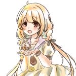  2girls :d ahoge black_bow blonde_hair blush bow braid brown_dress brown_eyes brown_hair chibi closed_mouth commentary_request dress futaba_anzu hair_bow hands_up highres ichihara_nina idolmaster idolmaster_cinderella_girls idolmaster_cinderella_girls_starlight_stage in_palm looking_at_viewer low_twintails mini_person minigirl multiple_girls one_eye_closed pink_sailor_collar puffy_short_sleeves puffy_sleeves rino_cnc sailor_collar sailor_dress short_sleeves simple_background smile twin_braids twintails white_background wrist_cuffs 