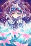 1girl black_ribbon blue_dress blue_hat bug butterfly collar commentary_request dress fog frilled_collar frilled_dress frills hat highres light_blush light_smile medium_hair mob_cap nagayo narrowed_eyes pink_butterfly pink_eyes pink_hair purple_background ribbon ribbon-trimmed_collar ribbon_trim saigyouji_yuyuko see-through_clothes see-through_veil solo touhou tree triangular_headpiece veil white_collar 