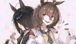  2girls absurdres agnes_tachyon_(umamusume) ahoge animal_ears black_choker black_coat black_gloves black_hair black_necktie black_shirt brown_hair chemical_structure choker coat collared_shirt cup ear_ornament ear_tag earrings emphasis_lines gloves hair_over_one_eye heart highres holding holding_cup holding_test_tube horse_ears horse_girl jewelry lab_coat liquid long_hair long_sleeves looking_at_another manhattan_cafe_(umamusume) mug multicolored_hair multiple_girls necktie parted_lips pen red_eyes shirt short_necktie single_earring sleeplessrhythm sleeves_past_fingers sleeves_past_wrists smile steam sweater test_tube umamusume white_hair white_shirt yellow_eyes yellow_sweater 