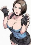  1girl bare_shoulders black_gloves black_skirt blue_eyes blue_shirt breasts brown_hair claw_pose cleavage collarbone cowboy_shot fingerless_gloves gloves highres jaydamon jill_valentine large_breasts miniskirt open_mouth resident_evil resident_evil_3:_nemesis shirt short_hair skirt solo strapless suspenders tube_top white_background 